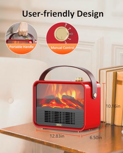 Image of Shinic Portable Electric Fireplace Heater with Realistic 3D Flame, 1500W /750W Fast Heating Mini Fireplace Heater for Indoor Use, Compact with Leather Handle, Safe for Office, Bedroom, RV, Red