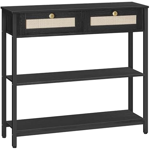 HOOBRO Rattan-Like Black Console Table with Storage Cover