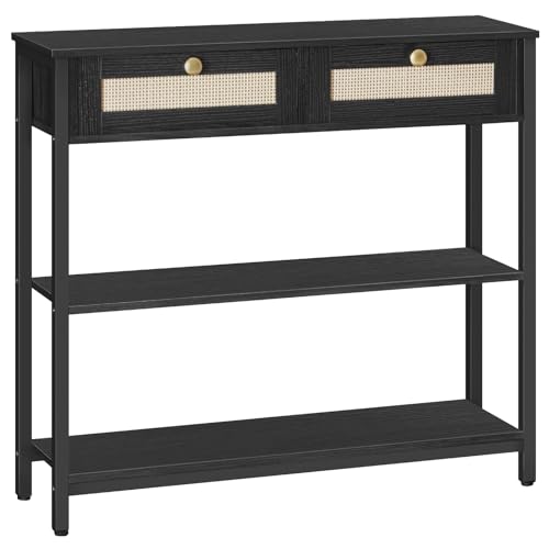 HOOBRO Rattan-Like Narrow Console Table with 2 Drawers, 31.5-Inch Sofa Table with Storage, Open and Hidden Storage Space, Woven Decoration, for Hallway and Foyer, Black BB02XG01