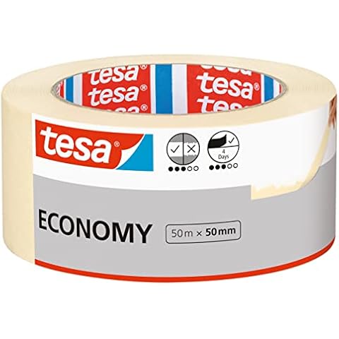 tesa Malerband ECONOMY - Vielseitiges Klebeband für Malerarbeiten ohne Lösungsmittel - Bis zu 4 Tage nach Gebrauch rückstandslos entfernbar, 50 m x 50 mm Cover