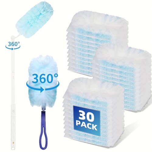 30-Pack Duster Refills Compatible for Swiffer Duster, 360° Heavy Duty Dusting Kit with 1 Extended Handle and 1 Short Handle, Multi-Surface Cleaning Kit for Blinds Bookshelf Furniture Ceiling Fans