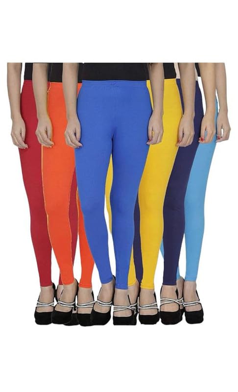 Women's Solid Cotton Viscose Lycra Regular Fit Leggings Combo Pack 6 | Color Red,Orange,Blue,Yellow,NavyBlue,SkyBlue
