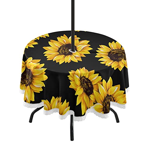 xigua Beautiful Sunflower Flowers Floral Black Round Tablecloth 60In,Waterproof Patio Table Cloths with Umbrella Hole and Zipper,Table Covers for Indoor & Outdoor Backyard/BBQ/Picnic