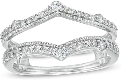 Ranjeeta Round Cut Simulated White Diamond 925 Sterling Silver 14K White Gold Over Diamond Miligrain Vintage Art Deco Curved Wedding Wrap Enhancer Ring Insert Guard Jacket for Women's (5.5)