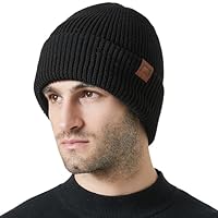 Beanie Mütze Herren Damen - Wintermütze mit Lederpatch Warme Strickmütze mit Fleecefutter - Weiche Dehnbare Unisex Wollmütze - Stylische Urban Streetwear Mütze - Winter, Schwarz