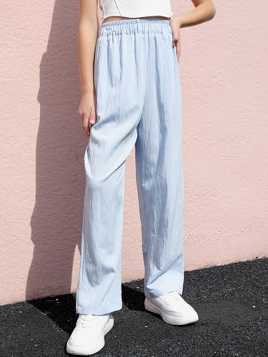 Image of SANGTREE Womens Wide Leg Pants Lightweight Casual Elastic High Waist Straight Leg Loose Trousers for Womens, Light Blue, XL