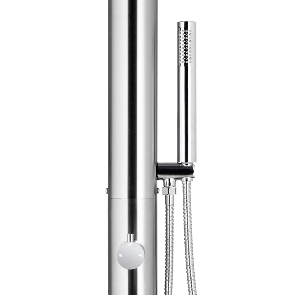 Prysznic ogrodowy z szarą płytą podłogową ze stali nierdzewnej 225 cm wysokości, płyta podłogowa WPC 110 x 62 cm, słuchawka prysznicowa z wężem 1,5 m, idealny do basenu, jacuzzi, spa i