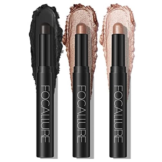 FOCALLURE 3 peças de bastão de sombra creme, giz de cera de sombra brilhante, conjunto de clareador de sombra à prova de vincos de alta pigmentação, maquiagem em bastão de iluminador de sombra de