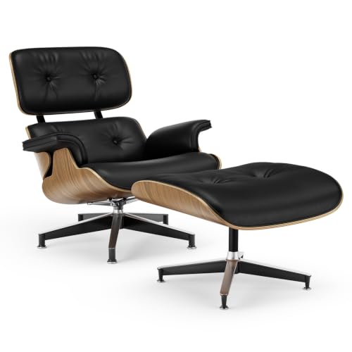 Image of Top Black PU Leather, Mid Century Chaise Lounge Chair and Ottoman, Modern Chair Classic Design, Walnut Wood, Heavy Duty Base Support for Living Room Office