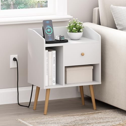 Image of Furinno Claude Mid Century Style End Table, Side Table with USB and Type-C Charging Station, White