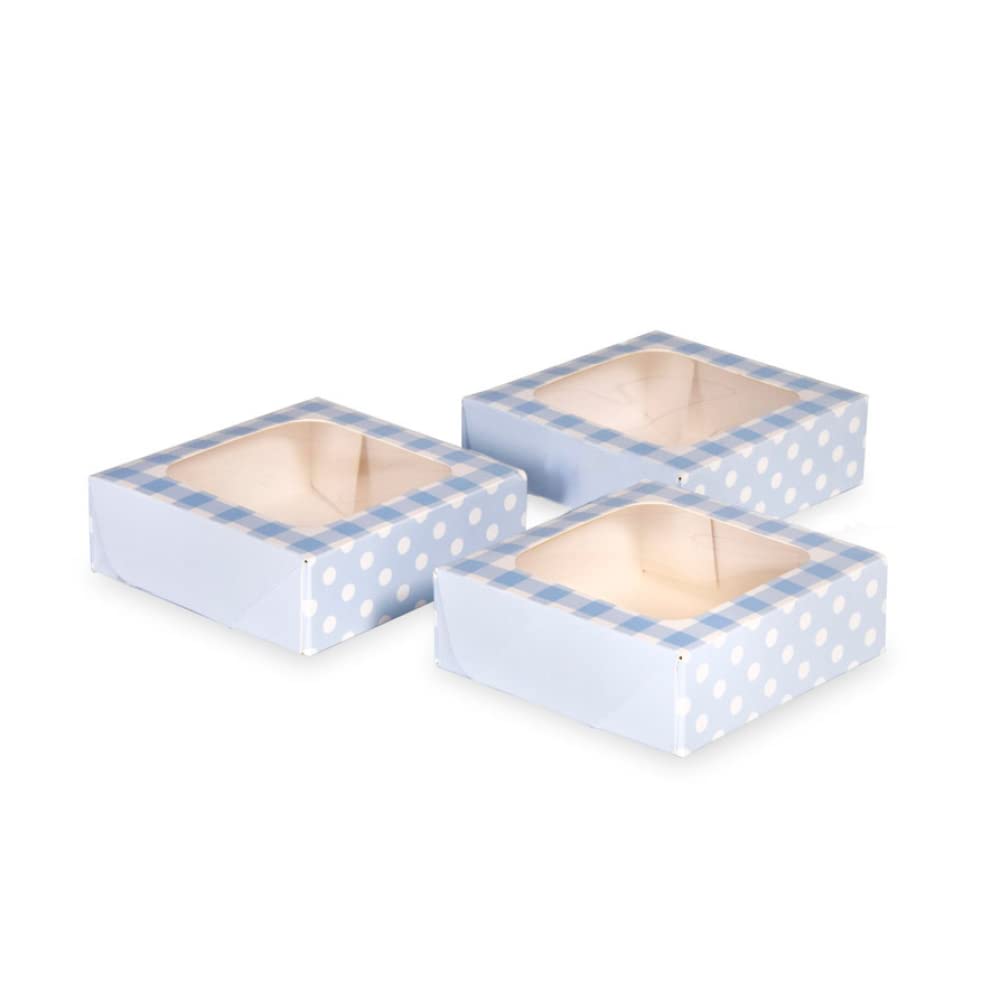 Anniversary House 3-pack Blue Treat Boxes, Gingham and Polka Dot Print, Cookie and Favour Boxes, Strong, Sturdy, 3.8 x 11.4 x 11.4 CM, J160