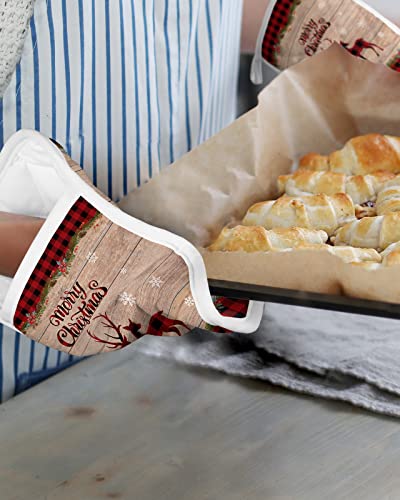 Christmas Reindeer Pot Holders With Pocket For Kitchen, Heat-Resistant Potholders Set Of 2, Hot Pads Oven Mitts With Hanging Loops For Home Cooking Baking Microwave, Farmhouse Wood Plaid #TOP5