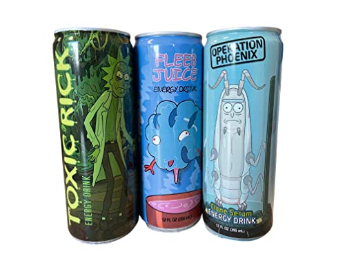 Rick and Morty Bundle of 3 Energy Drinks: Toxic Rick, Clone Serum and Fleeb Juice 12 fl oz each