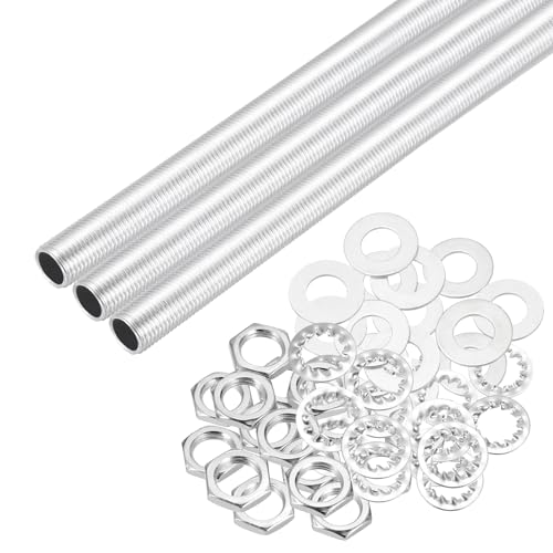 Image of MECCANIXITY 21Pcs 10 inch Lamp Pipe Nipples Kit with Hex Nuts Washers, M10 Fine Threaded Hollow Tube Repair Hardware Fasteners Assortment for Assembly Chandelier Ceiling Lamp DIY, Silver