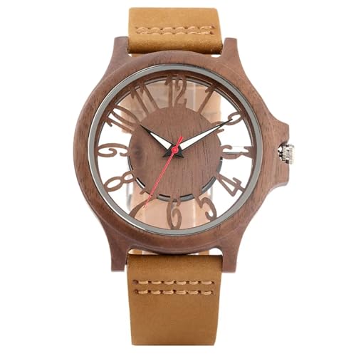 透明中空アラビア数字表示メンズ木製腕時計シックなファッション男性クォーツ本革時計(Color4)