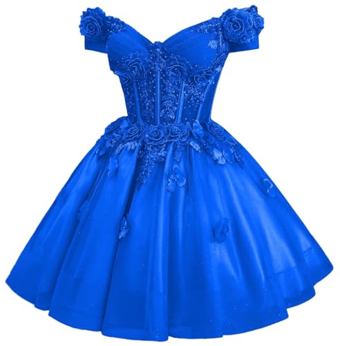 Image of Zhangyo Sparkly Tulle Homecoming Dresses for Teens Off Shoulder DAMA Dress | Sparkly Tulle Homecoming Dresses, for Teens, Off Shoulder DAMA Dresses for Quinceanera, 3D Butterfly Short Ball Gown