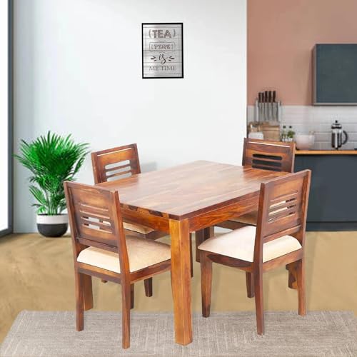 Image of RECTART Solid Wood Dining Table Set with Chairs for Living Room Home | Wooden Dining Room Sets Furniture for Hotels and Restaurants | (Natural Finish, 4 Seater-A)