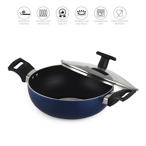 Image of CELLO Black Platina Triply Stainless Steel Deep Kadai /Kadhai with Lid 4.7 Litre (28cm Dia) | Stainless Steel Cookware | 5 Year Warranty | Induction & Gas Base | Heavy Base | Dark Blue