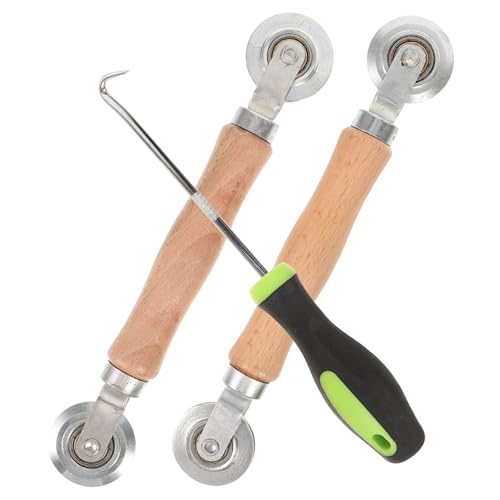 LALAFINA 3 piezas Kit de Reparación de Pantalla con Rodillo y Gancho Ergonómico para Puertas y Ventanas Herramienta Versátil para Arreglar Mosquiteras y Cortinas Antimoscas Mango de Madera