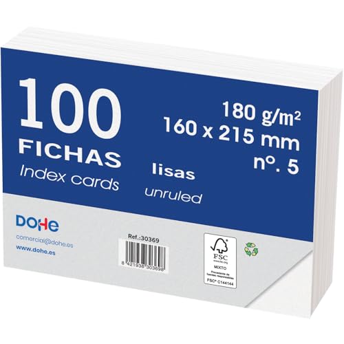 Dohe 30369 - Pack de 100 fichas lisas de cartulina blanca, 180 g, lisas, nº 5, 160 x 215 mm
