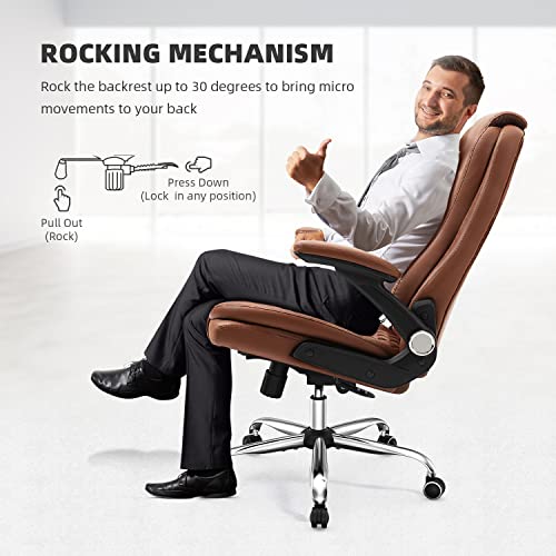 Yamasoro Ergonomic Desk Chair Executive Office Chairs Comfortable With Flip-Up Armrests - Adjustable Headrest, Tilt And Lumbar Support -Pu Leather Computer Chair, Red-Brown #TOP4