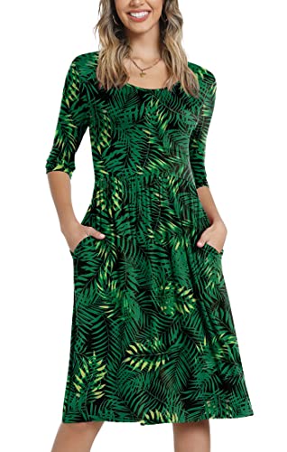 Cathy Women's 3/4 Sleeve 2023 Casual High Waist Round Neck Midi Dress With Pockets, Xl, Green Leaf-Black #TOP1
