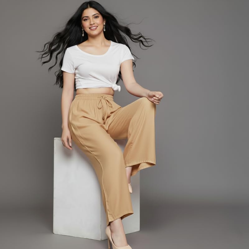 Image of Super Soft Viscose Rayon Flared Palazzo Pants for Women Stylish Wide Leg Straight Relaxed Fit Casual Ethnic Office Wear