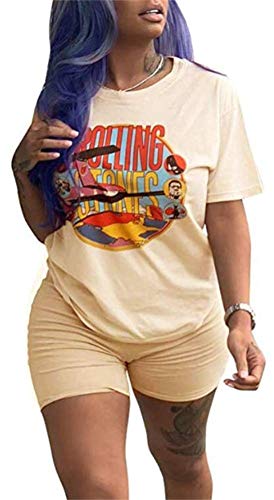 Women Sexy Cartoon Letter Print Sweatsuit Round Neck Loose Shirt Skinny Short Joggers Sport Club 2 Piece