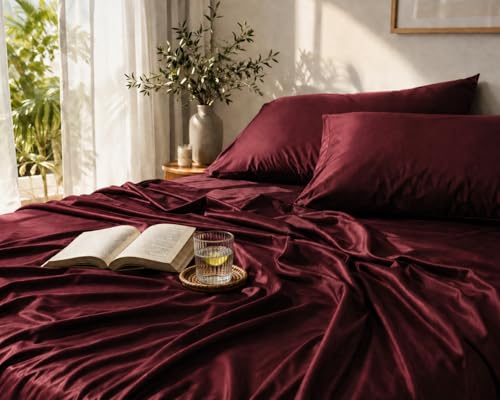Image of Noare Cooling Bamboo Bedsheet King Size for Double Bed - Breathable & Ultra Soft Summer Bedding Set with 1 Fitted Bedsheet and 2 Pillow Covers - Luxury Cooling for Hot Sleepers | Wine Red.