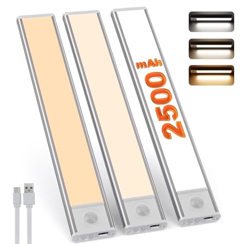 skelo Luz LED con Sensor de Movimiento 20CM 2500mAh,Luz LED Armario con 3 Color 3 Modos USB-C Recargable, LED Cocina Bajo Mueble para Gabinete Pasillo Escalera Sótano Cocina (3 piezas)