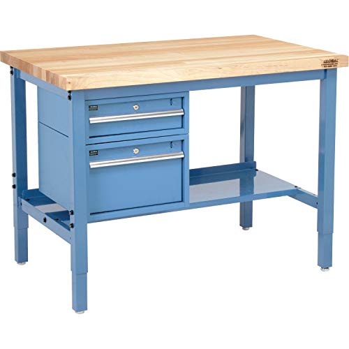 Global Industrial 96" W x 36" D Workbench, 1-3/4" Thick Birch Top Square Edge with Drawers & Shelf, Blue