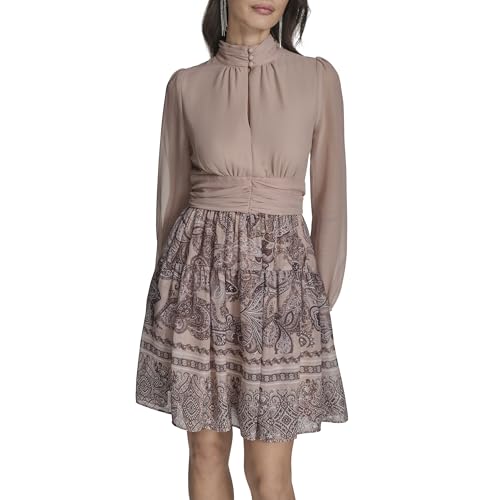 BCBG Women's Long Sleeve Mock Neck Blouson Chiffon A-line Mini Dress