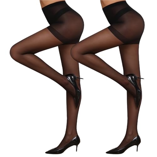 Women's Sheer Tights 20D High Waist Control Top Pantyhose with Reinforced Toes 2 Pairs