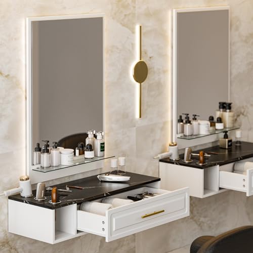 Belandi Wall Mount Salon Station with Mirror, Wall Mount Styling Station with 1 Drawer, 3 Hair Dryer Holders & Glass Shelf, Beauty Barber Spa Equipment for Hair Stylist(White)