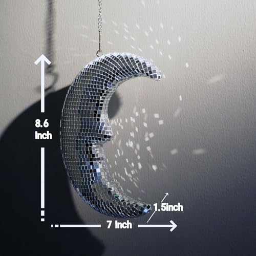 Image of Disco Ball Moon Decor 8.6'' Silver Crescent Hanging Ornament with Chain | Reflective Disco Moon with Metal Chain and Hook, Crescent Decor for Wall, Window Hanging , Bedroom, Bar, and Holiday Decor
