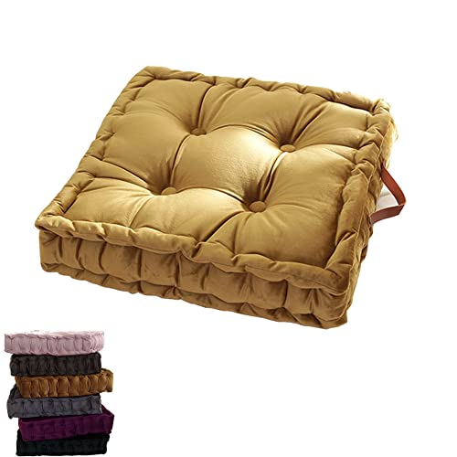 Square Solid Thick Floor Seating Cushions,Tufted Cushion Meditation Pillow Square Chair Pad Seating with Carrying Handle,Sofa Balcony Tatami Floor Pillow Cushion (Mustard Yellow)