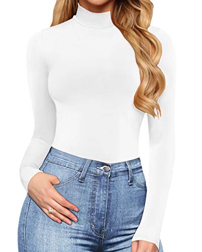 Image of MANGOPOP Women's Slim Fit Long Sleeve Mock Turtleneck Top Tunic T Shirt (001 Long Sleeve (White), XX-Large)