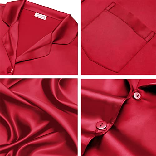 Image of SWOMOG Long Sleeve Pajamas Set Silk Satin Sleepwear Button Down Pjs Loungewear with Pocket