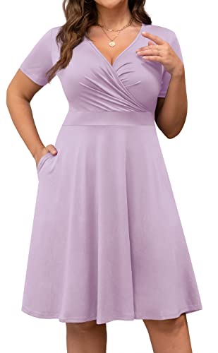 Poseshe Womens Plus Size Dresses Floral Casual Summer Formal Cocktail Party Wrap Dress With Pockets,Light Purple,L #TOP3