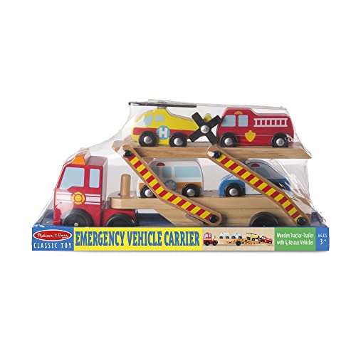 Melissa & Doug Wooden Emergency Vehicle Carrier Truck With 1 Truck And 4 Rescue Vehicles #TOP4