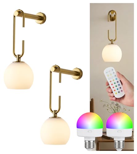Image of Glass Globe Wall Sconces Set of 2, Battery Operated Wall Light with Remote, Indoor Wireless Dimmable 12RGB Colors Light Bulbs for Bedroom Living Room Hallway(Brass)