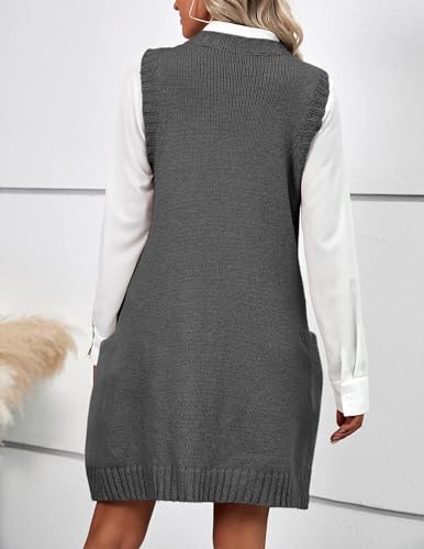 Image of HOTOUCH Women Sweater Vest Oversized V Neck Sleeveless Knit Pullover Ribbed Vest Dress with Pockets