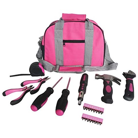 Ladies Pink Tool Kit Tool Bag DIY Set Includes Pink Hammer, Pink Pliers, Pink Screwdrivers in Pink Carry Case 25pcs Cover