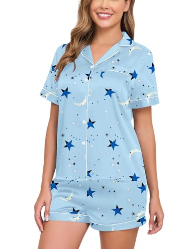 Image of Veseacky Women Satin Pajamas Set 2 Piece Button Down Short Sleeve Soft Sleepwear with Pockets