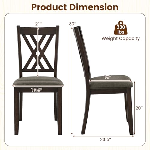 Image of COSTWAY Wooden Dining Chairs Set of 2 with Fabric Padded Seat, Grey | Farmhouse Armless Kitchen Side Chair with Rubber Wood Frame & High Back for Dining Room, Living Room and Restaurant