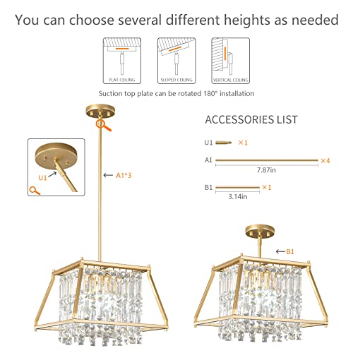 Image of LMQNINE Farmhouse Chandelier - Gold Metal Crystal Pendant Light for Kitchen, Dining Room, Living Room - Flat and Inclined Ceiling (Trapezoid -15.74in)