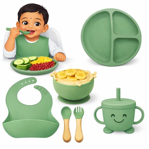 Image of SJC Global - 6 PCS (Green) Silicone Toddler Adjustable Tableware Set | Suction Bowl, Plate, Spoon, Fork, Bib & Cup for Babies | Silicone Baby Feeding Kit for Infants | BPA Free Food Grade