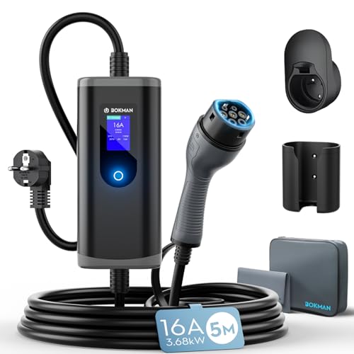 bokman colonnina ricarica auto elettrica [3,68kW| 5m] Corrente regolabile 6-16A Wallbox Tipo 2 con Schuko, compatibile...