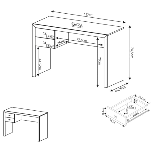 Mesa Escrivaninha para Escritório com 2 Gavetas 117x46,5cm Branco