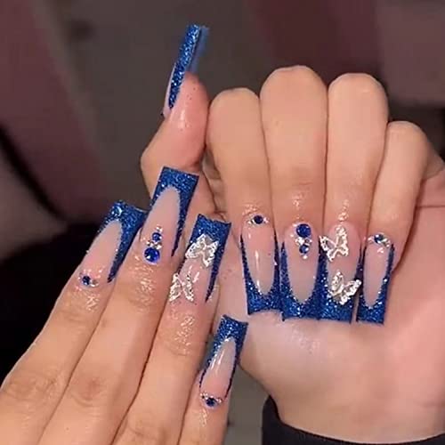 Long Fake Nails Coffin French Tip Press On Nails Blue Rhinestone False Nails With Butterfly Charm Designs Full Cover Acrylic Nails Glitter Glue On Nail For Women 24Pcs #TOP10